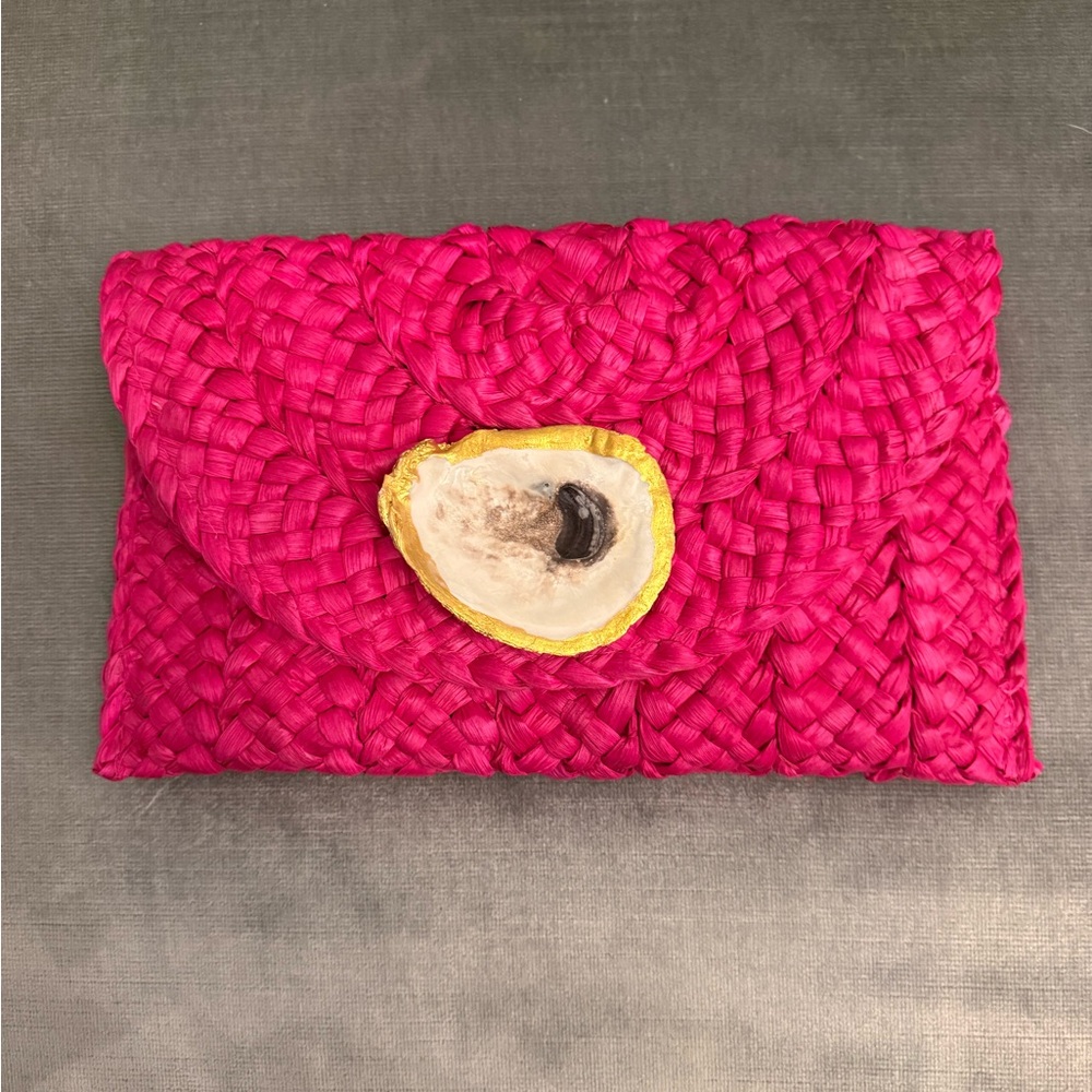Hampton Handwoven Pink Straw Clutch with Natural Shell Accent